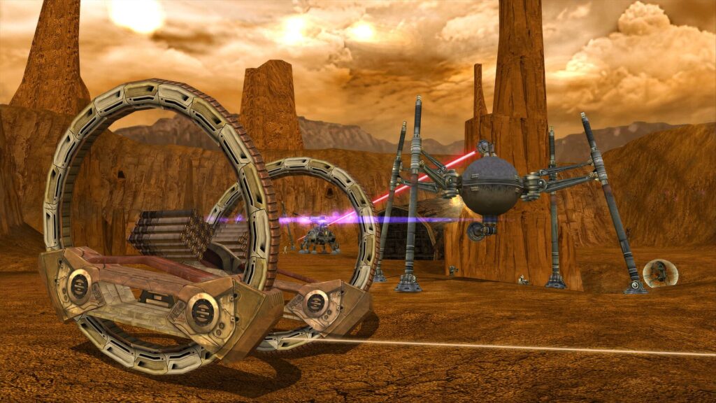 CIS vehicles attack Republic vehicles on Geonosis in Star Wars: Battlefront Classic Collection.