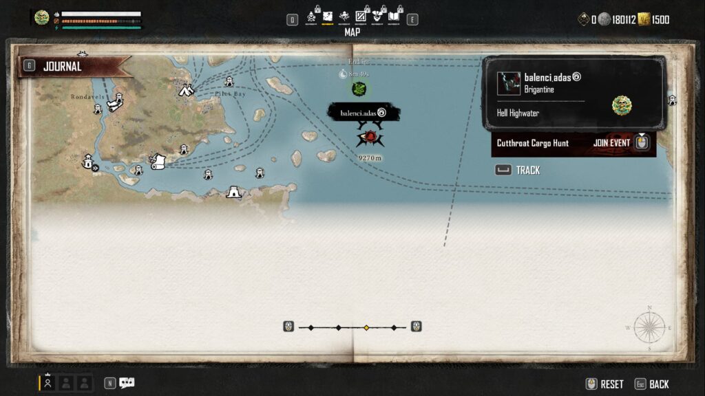 A player in Skull and Bones appears on the map as they travel to the treasure location in a Cutthroat Cargo Hunt PvP event.