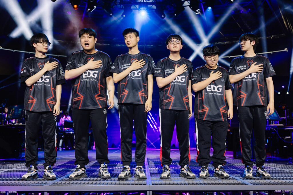 EDward Gaming, who plays Gen.G on Day 3, seen onstage after victory at VALORANT Masters Madrid Swiss Stage Day 2 at the Madrid Arena on March 15, 2024 in Madrid, Spain.