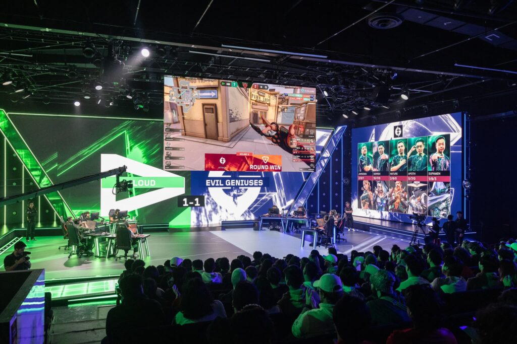 LOUD (L) and Evil Geniuses compete at VCT AMERICAS Kickoff on Day 1 of Week 3 at Riot Games Arena on March 2, 2024. 