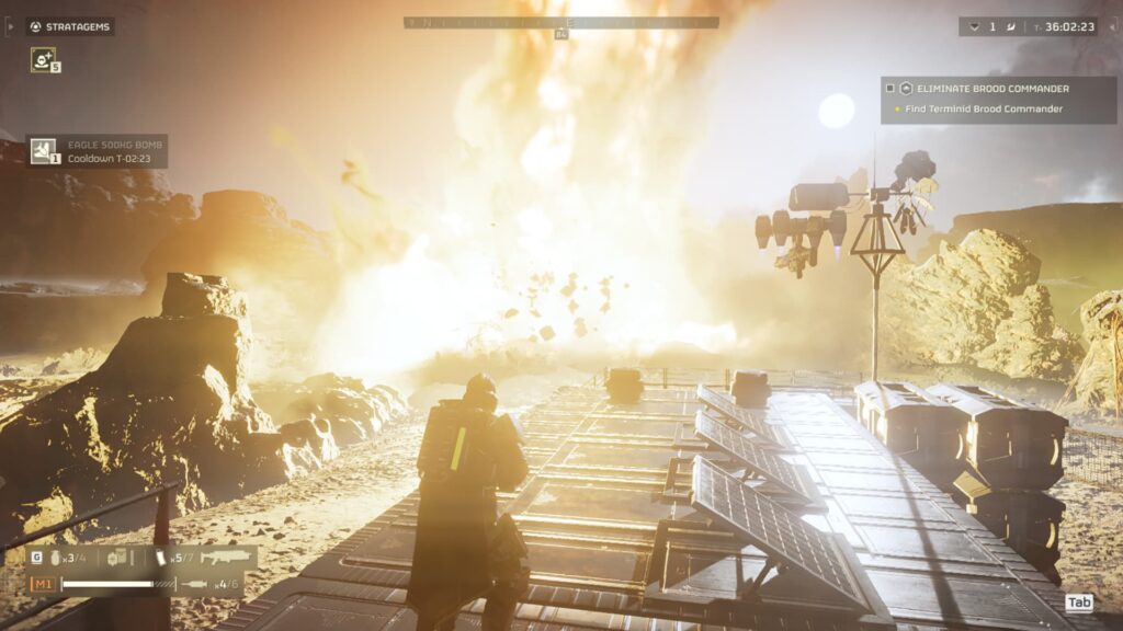 A player watches the Eagle 500kg Bomb explosion in Helldivers 2.