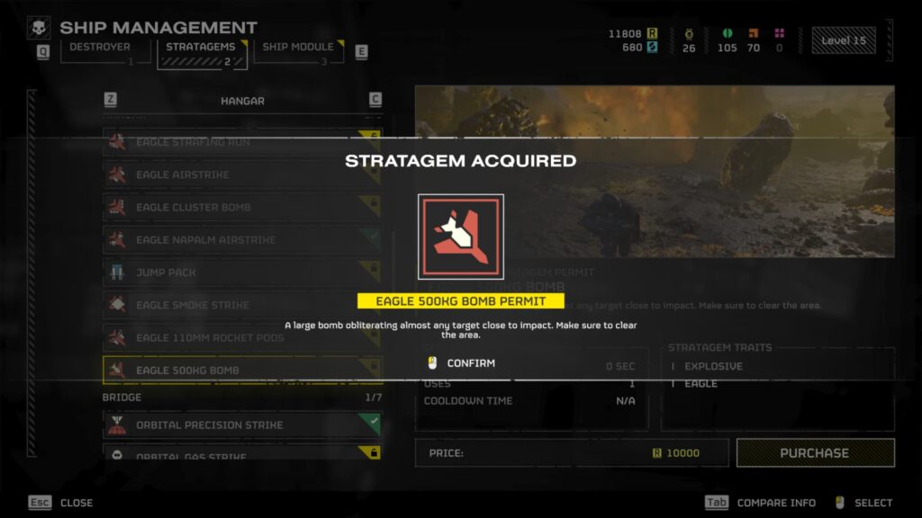 A Helldiver has purchases the Eagle 500kg Bomb with Requisition Slips in Helldivers 2.