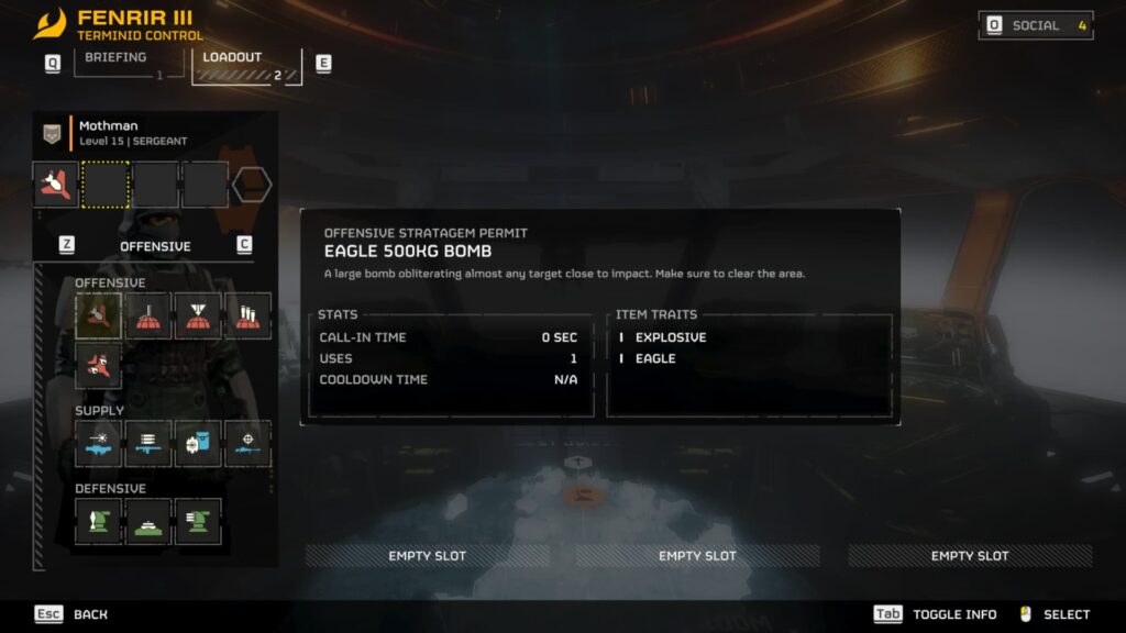 A player chooses the Eagle 500kg Bomb as part of his loadout in Helldivers 2.