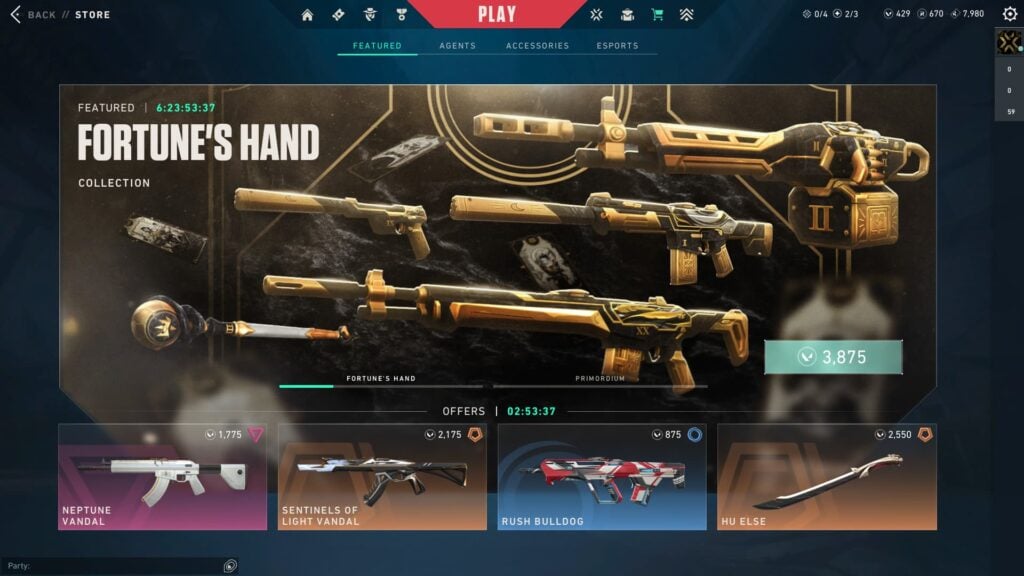 The Fortune's Hand bundle, and its price, in the featured section of the VALORANT Shop.