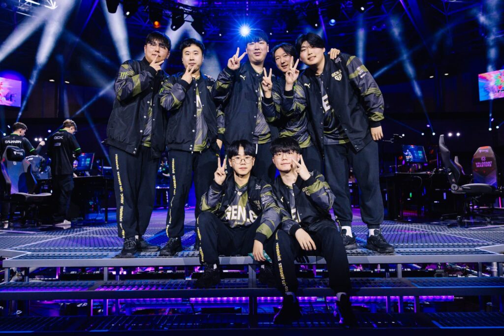 Gen.G Esports, who plays EDward Gaming on Day 3, seen onstage after victory at VALORANT Masters Madrid Swiss Stage Day 1 at the Madrid Arena on March 14, 2024 in Madrid, Spain.