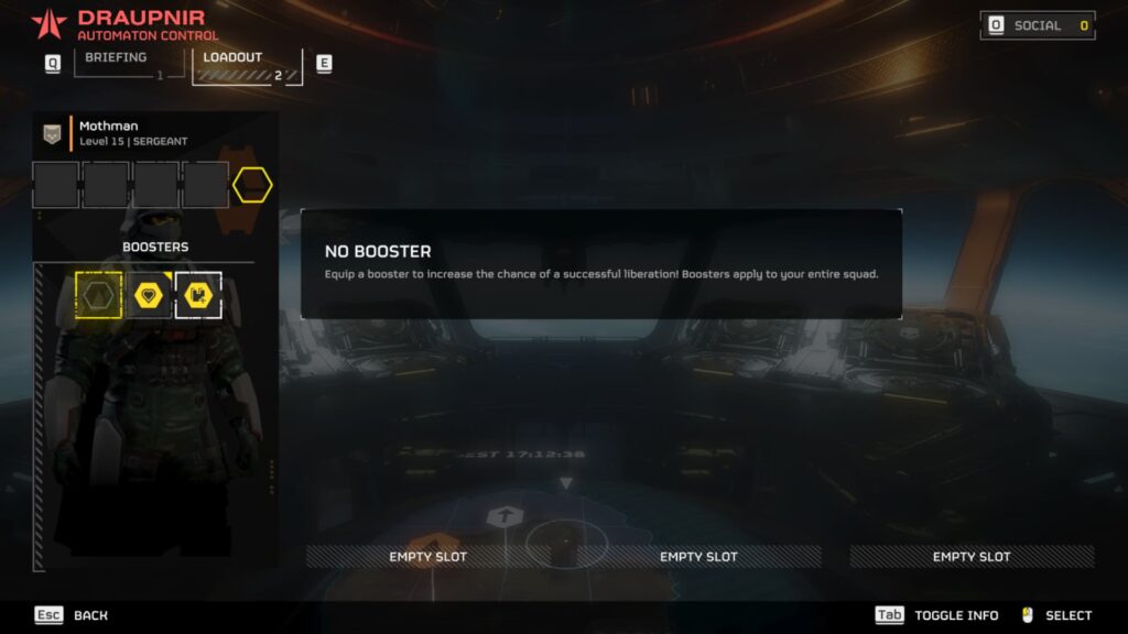 A player chooses his Booster for a mission in Helldivers 2.