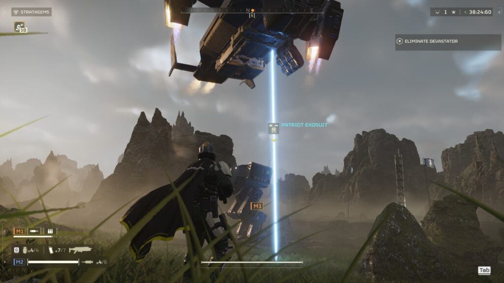 A ship flies load to deliver the EXO-45 Patriot Exosuit.