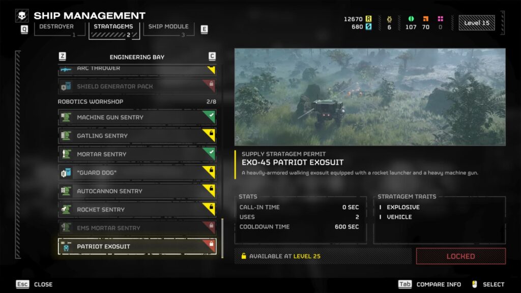 The Patriot Exosuit is available at level 25 in the Stratagem purchase section of Helldivers 2.