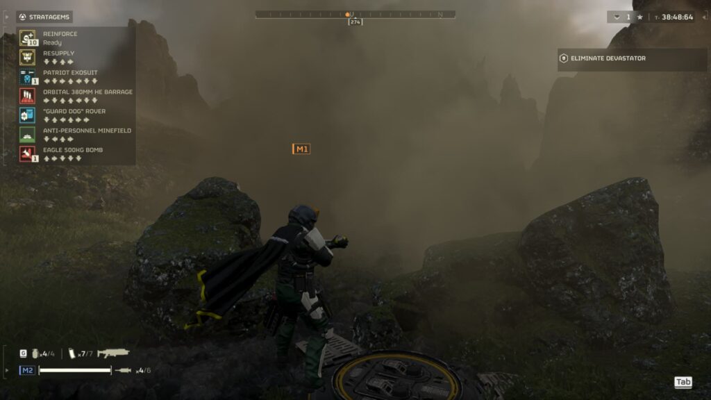 A Helldiver opens his Stratagem menu on the battlefield.