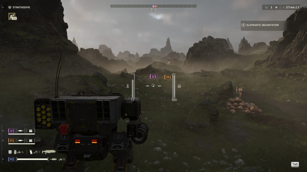 The EXO-45 Patriot Exosuit walks forward in Helldivers 2.