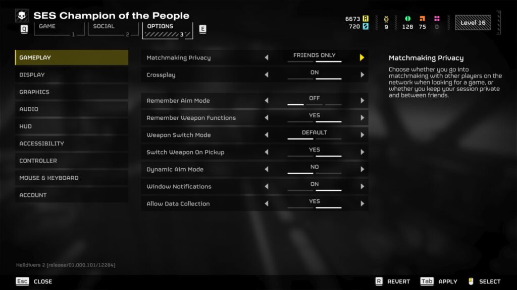 The Helldivers 2 Gameplay Options with Matchmaking Privacy set to Friends Only.