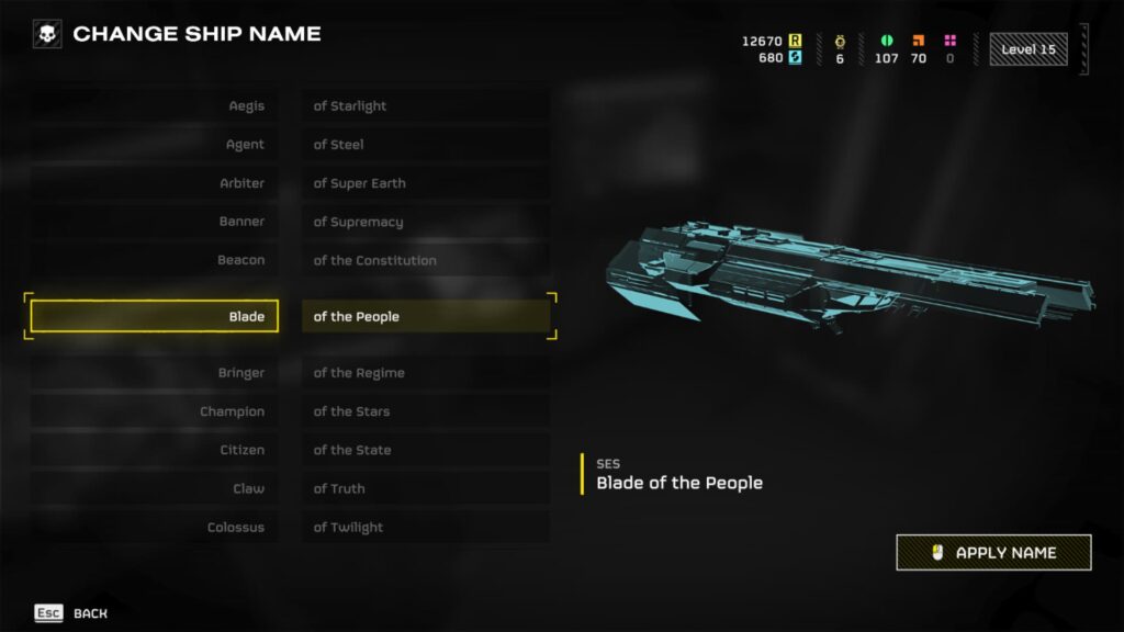 The list of ship names in Helldivers 2 with Blade of the People selected.