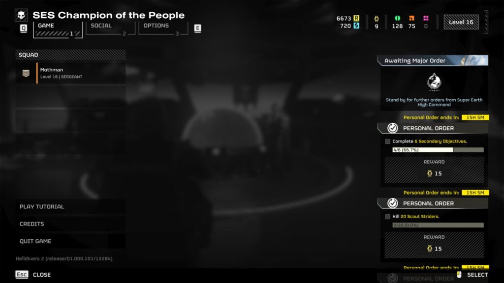 A Helldivers 2 lobby showing a solo player.