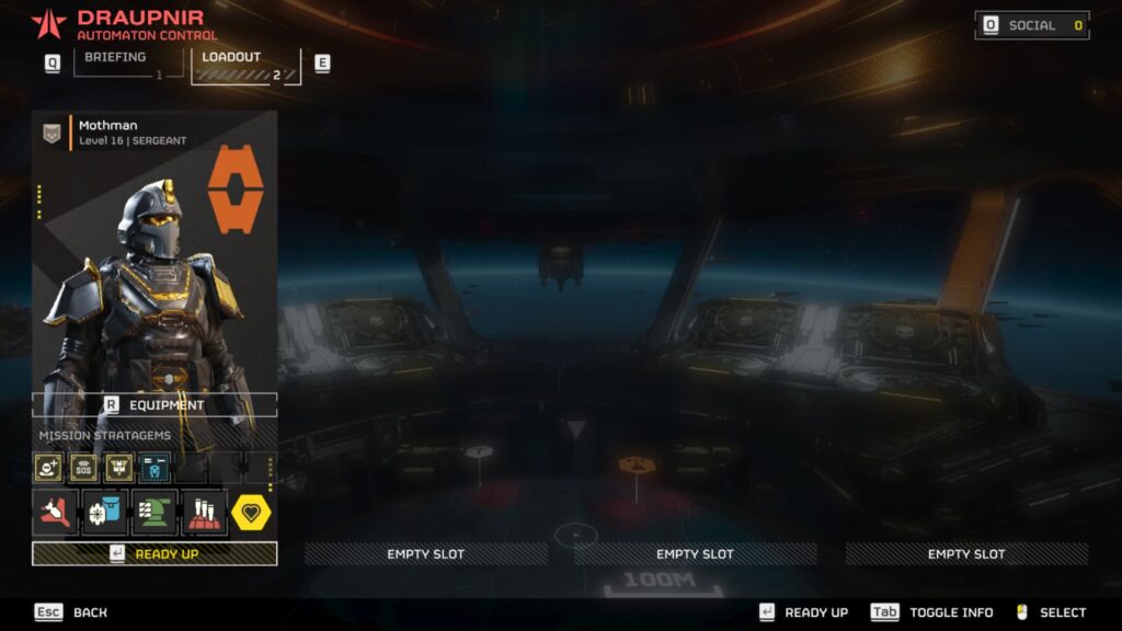 A player chooses his loadout before a mission.