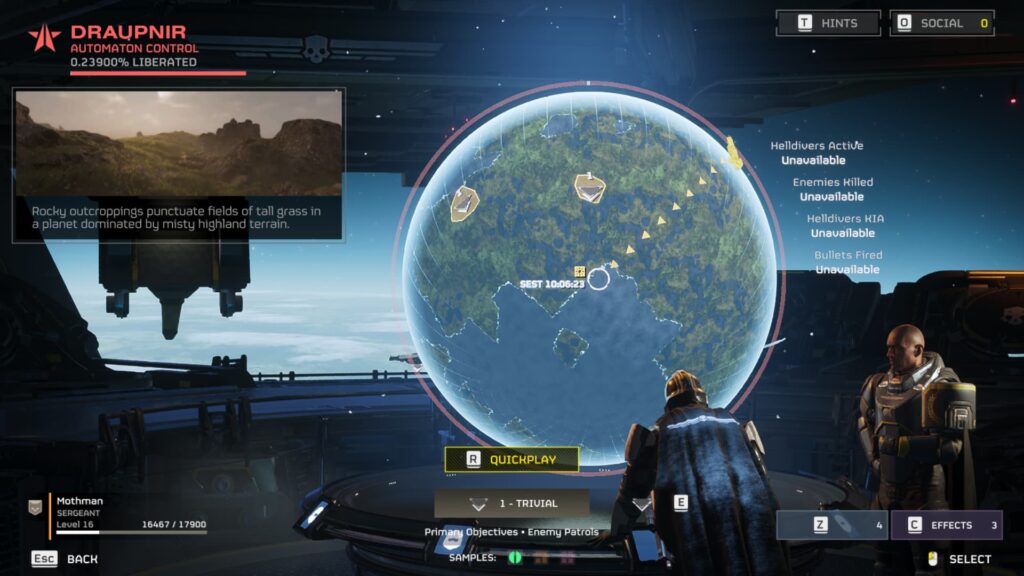 A player views an available mission on the Trivial difficulty setting in Helldivers 2.