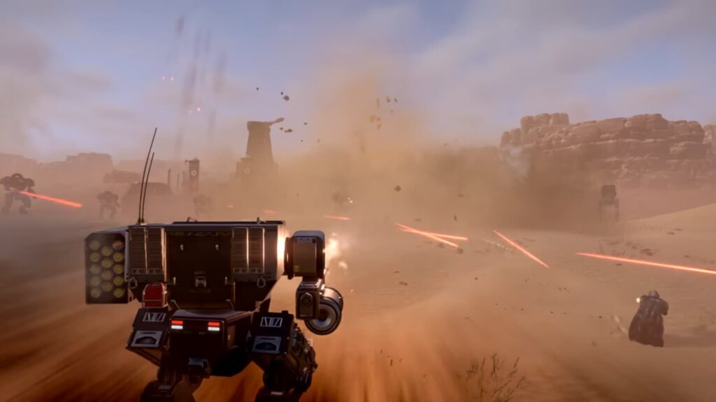 An Exosuit in Helldivers 2 fires upon Automatons, which received a balance in the update 1.000.103 patch notes.