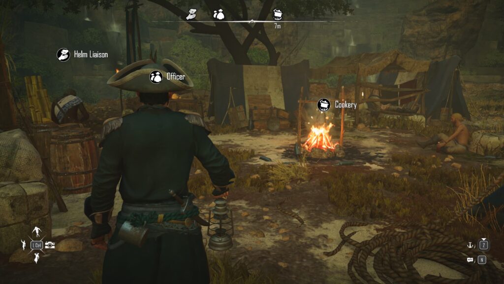 A pirate approaches an area of the Sunken Goldmine in Skull and Bones with a Helm Liaison, an Officer, and a Cookery.