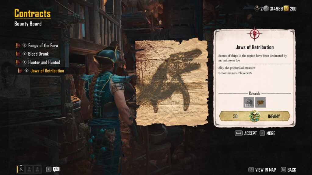 A pirate views the Jaws of Retribution contract on the Bounty Board of Sainte-Anne in Skull and Bones.