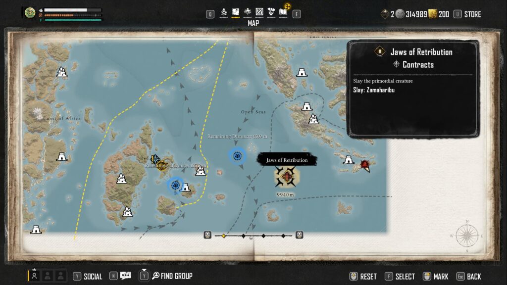 The Jaws of Retribution bounty in Skull and Bones is marked on the map.