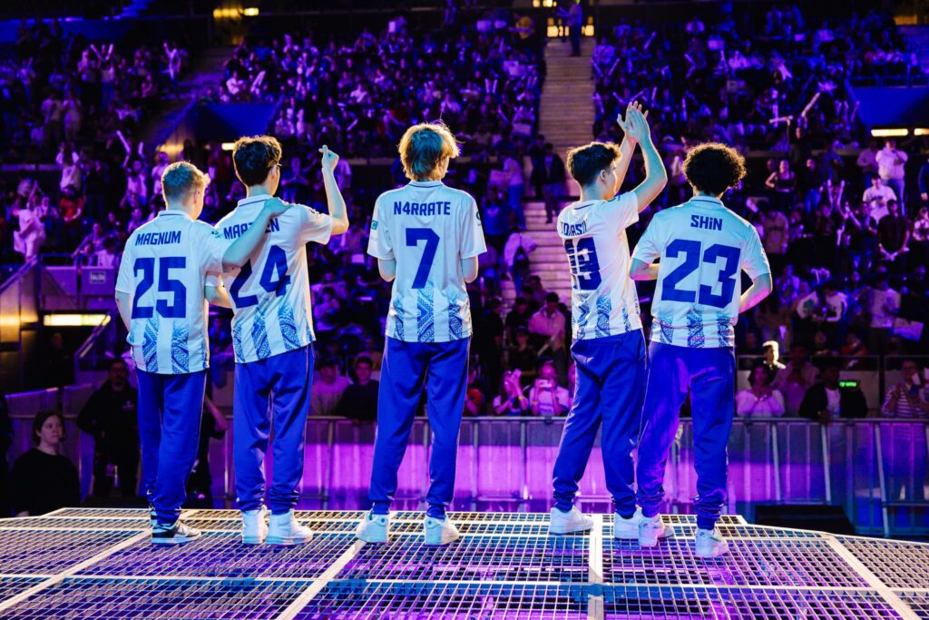 Karmine Corp seen onstage after competing at VALORANT Masters Madrid Swiss Stage Day 3 at the Madrid Arena on March 16, 2024 in Madrid, Spain. 