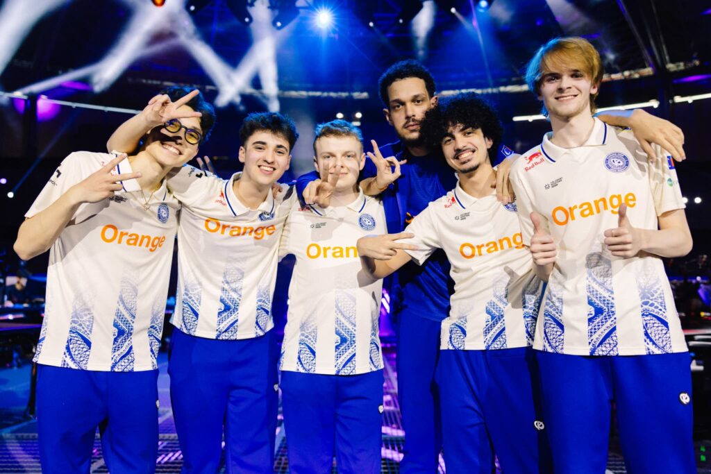 Karmine Corp, who plays Sentinels on Day 3, seen onstage after victory at VALORANT Masters Madrid Swiss Stage Day 1 at the Madrid Arena on March 14, 2024 in Madrid, Spain.