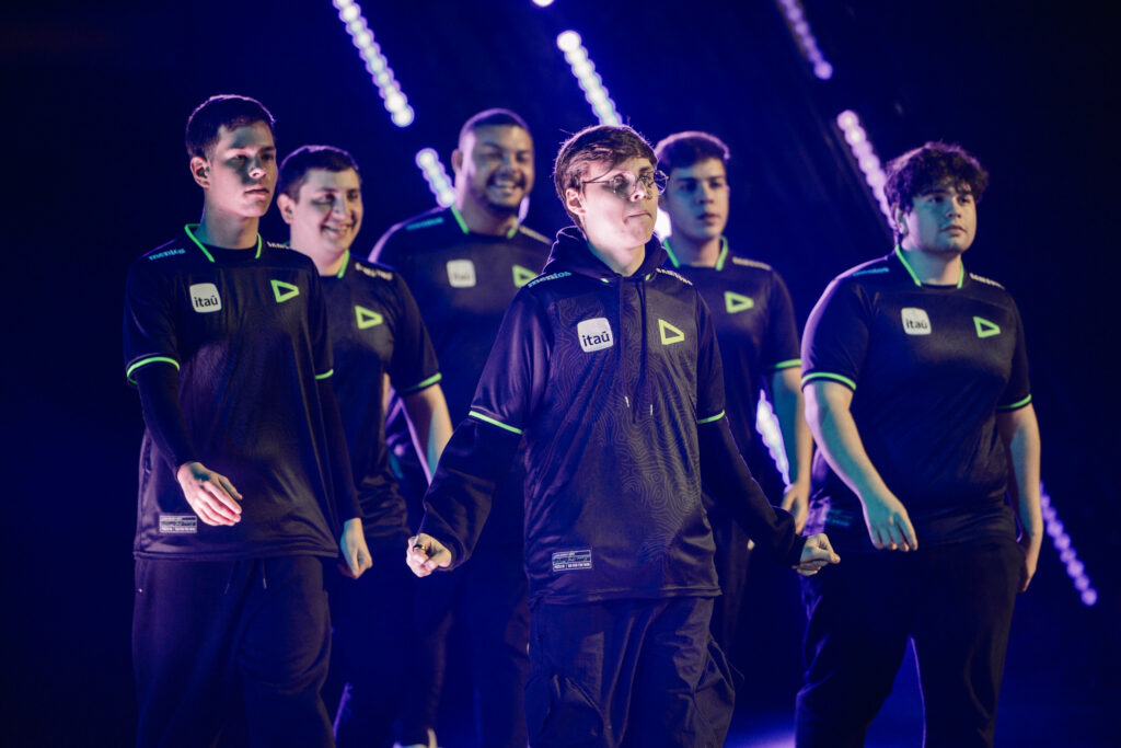 LOUD, who faces EDward Gaming on the last day of the Swiss Stage, are seen onstage at VALORANT Masters Madrid Swiss Stage Day 4 at the Madrid Arena on March 17, 2024 in Madrid, Spain. 