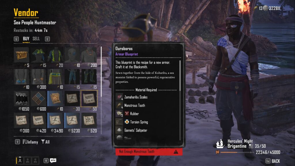 A player views the Ouroboros armor blueprint details, sold by the Sea People Huntmaster.
