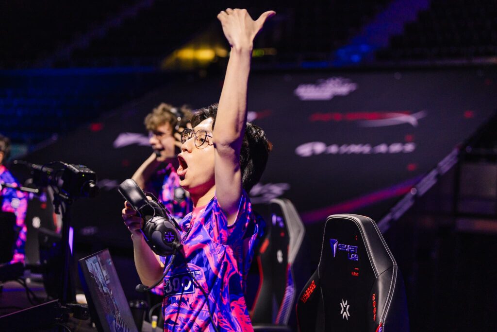 Jason f0rsakeN Susanto of Paper Rex reacts onstage at VALORANT Masters Madrid Swiss Stage Day 4 at the Madrid Arena on March 17, 2024 in Madrid, Spain.