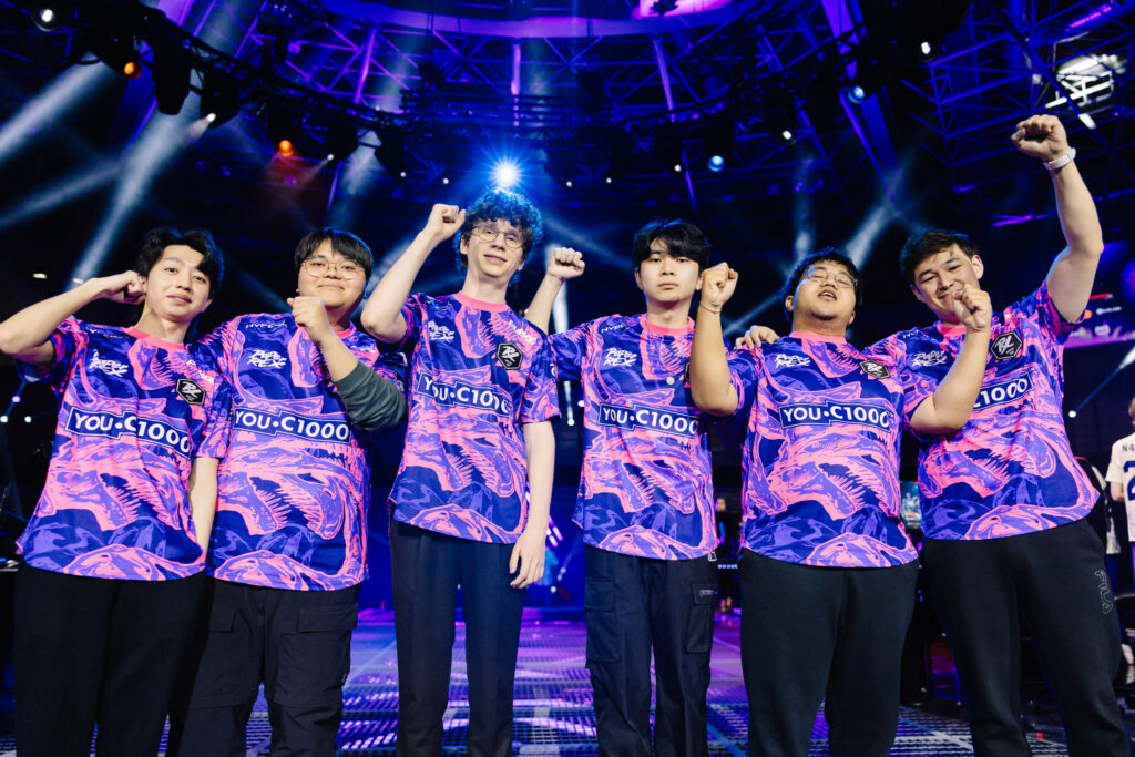 Paper Rex, who plays Gen.G on the first day of playoffs, react onstage after victory against Karmine Corp at VALORANT Masters Madrid Swiss Stage Day 5 at the Madrid Arena on March 18, 2024 in Madrid, Spain. 