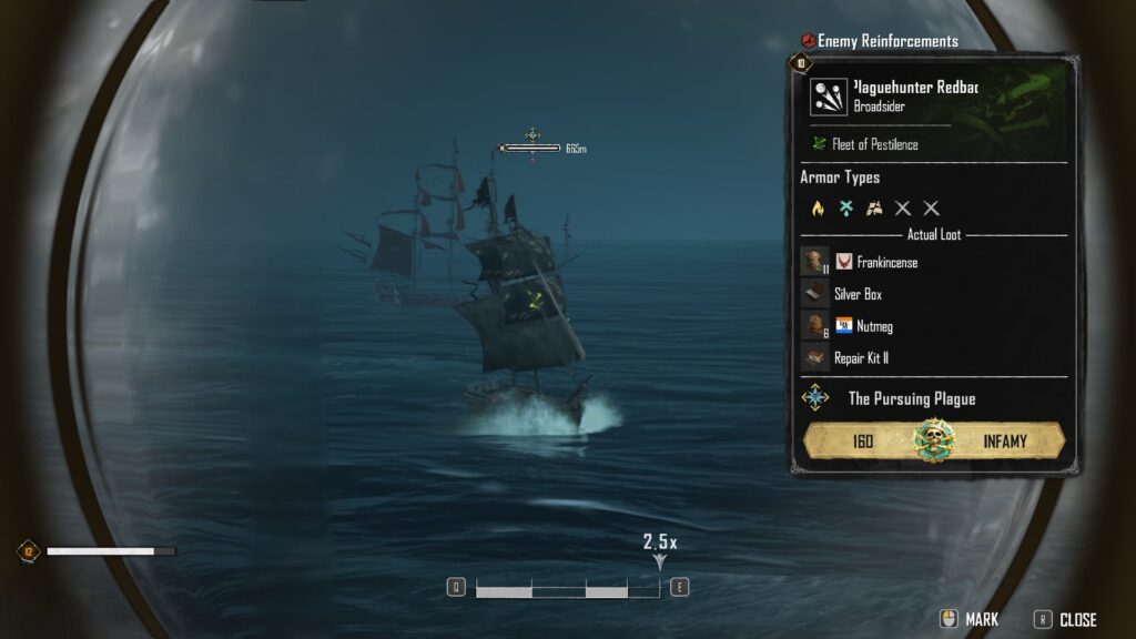 A player uses their spyglass to identify an approaching Plaguehunter ship.