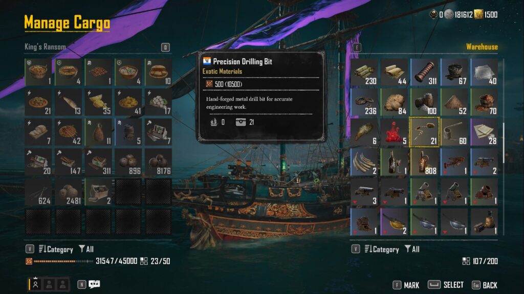 The Precision Drilling Bit in the cargo of a pirate's warehouse in Skull and Bones.