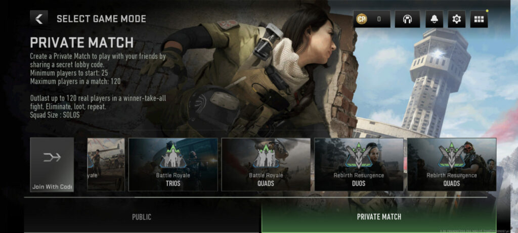 Warzone Mobile options for private matches 