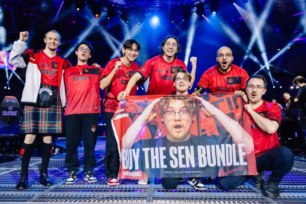 Sentinels, who play Karmine Corp on Day 3, seen onstage after victory at VALORANT Masters Madrid Swiss Stage Day 2 at the Madrid Arena on March 15, 2024 in Madrid, Spain. 