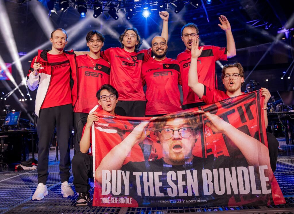 Sentinels, who play Gen.G in the Grand Final, seen onstage after victory at VALORANT Masters Madrid Playoffs - Day 3 at the Madrid Arena on March 23, 2024 in Madrid, Spain.