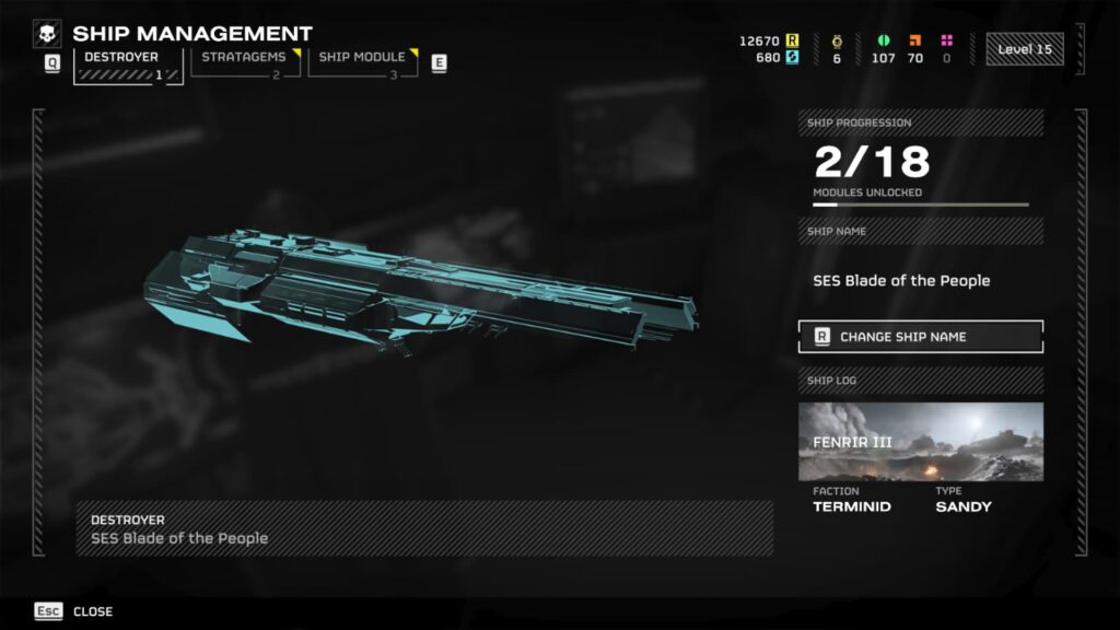 The Ship Management screen has an option to change your ship name in Helldivers 2.