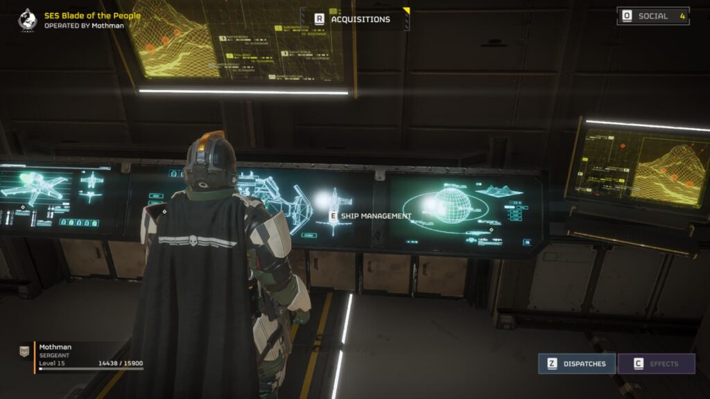 A Helldiver approaches his ship management system.