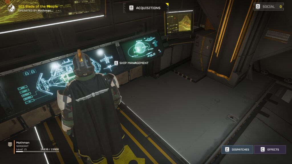 A player approaches the Ship Management terminal in Helldivers 2.