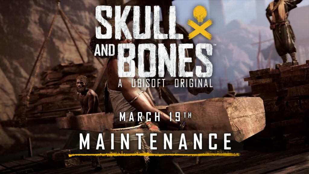 A graphic for Skull and Bones maintenance coming with update 1.3.