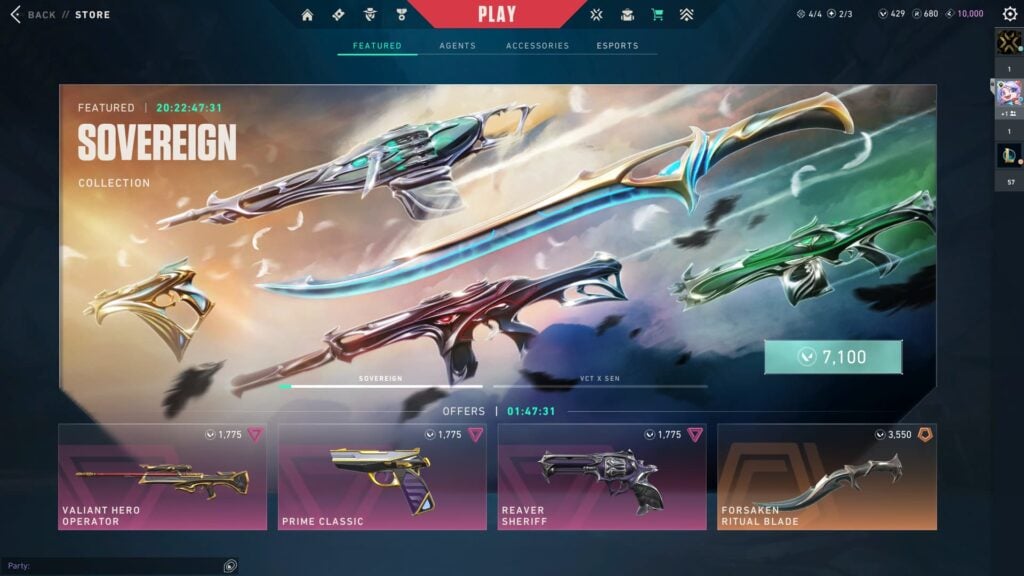 The Sovereign 2.0 bundle as the featured item in the VALORANT Store.