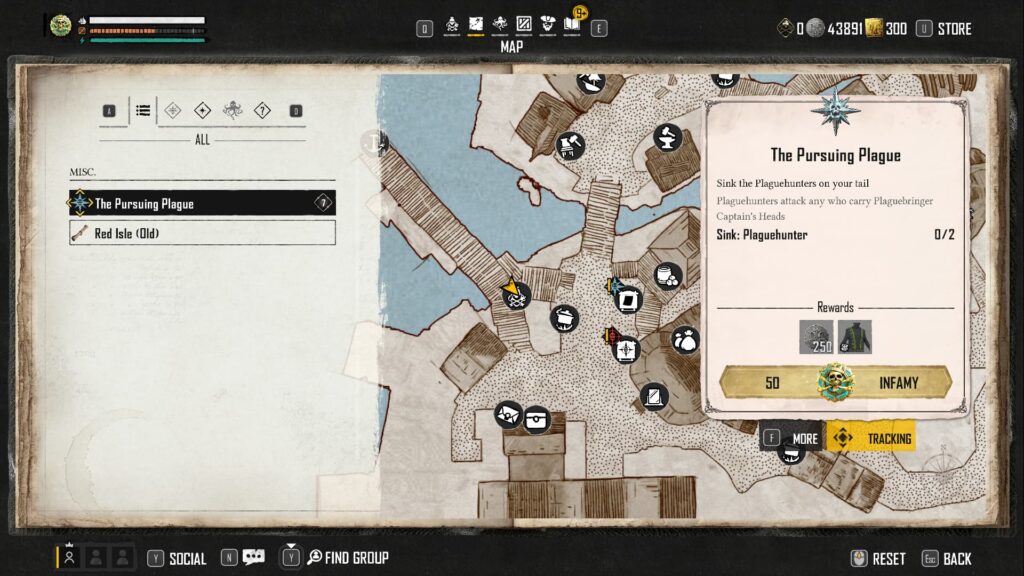 The Pursuing Plague is tracked in a player's journal in Skull and Bones.