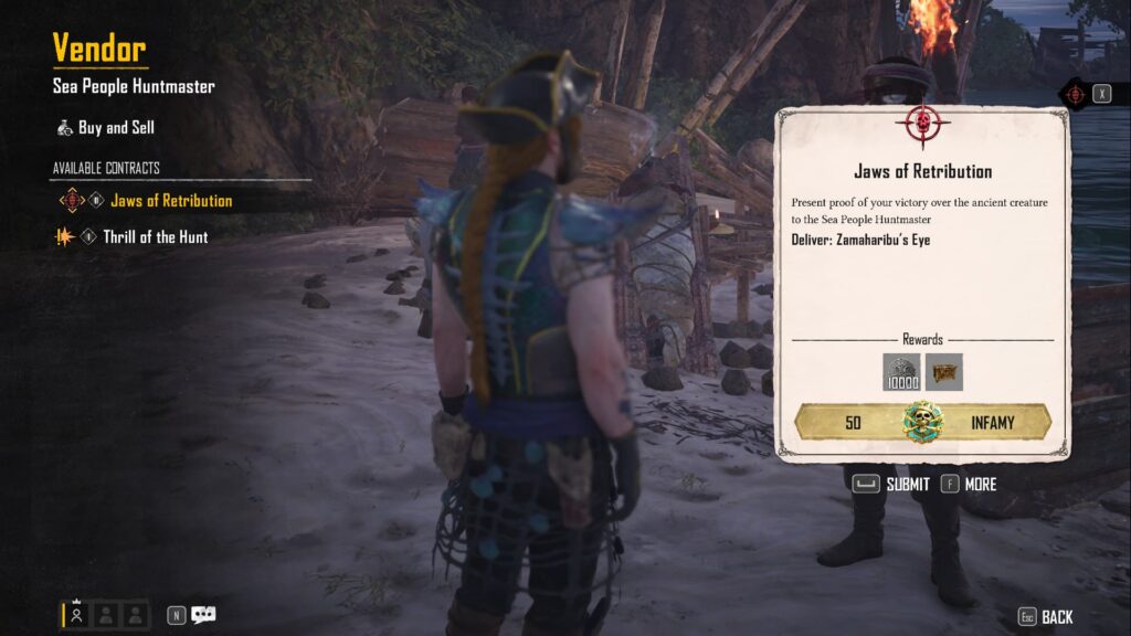 A pirate speaks to the Sea People Huntmaster in Skull and Bones to turn in the Jaws of Retribution bounty contract by delivering Zamaharibu's Eye.