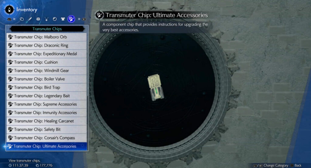 Ultimate Accessorries Transmuter Chip to enhance end game accessories in FF7 Rebirth with Dark Matter (Image via in-game screen shot)