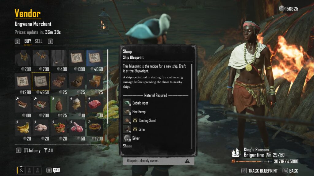 A pirate chats with an Ungwana Merchant to buy or sell items.