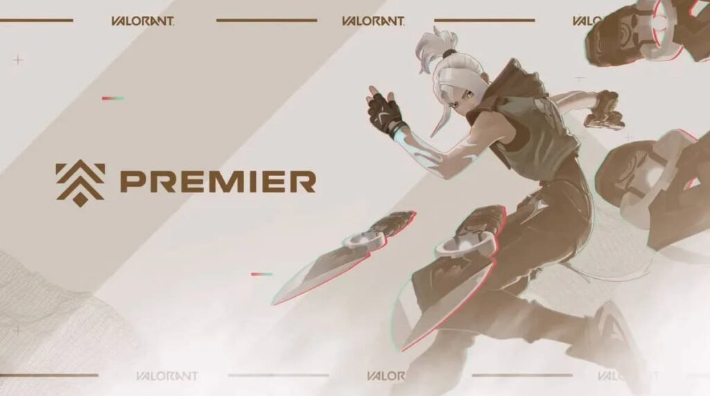 Premier's E8A2 kicks off after VALORANT Patch 8.04, and this image shows Jett launching her knives forward by the Premier logo.