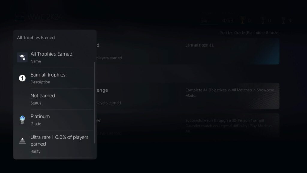 The Platinum Trophy, an achievement/trophy for unlocking all other ones on PlayStation 5 for WWE 2K24.