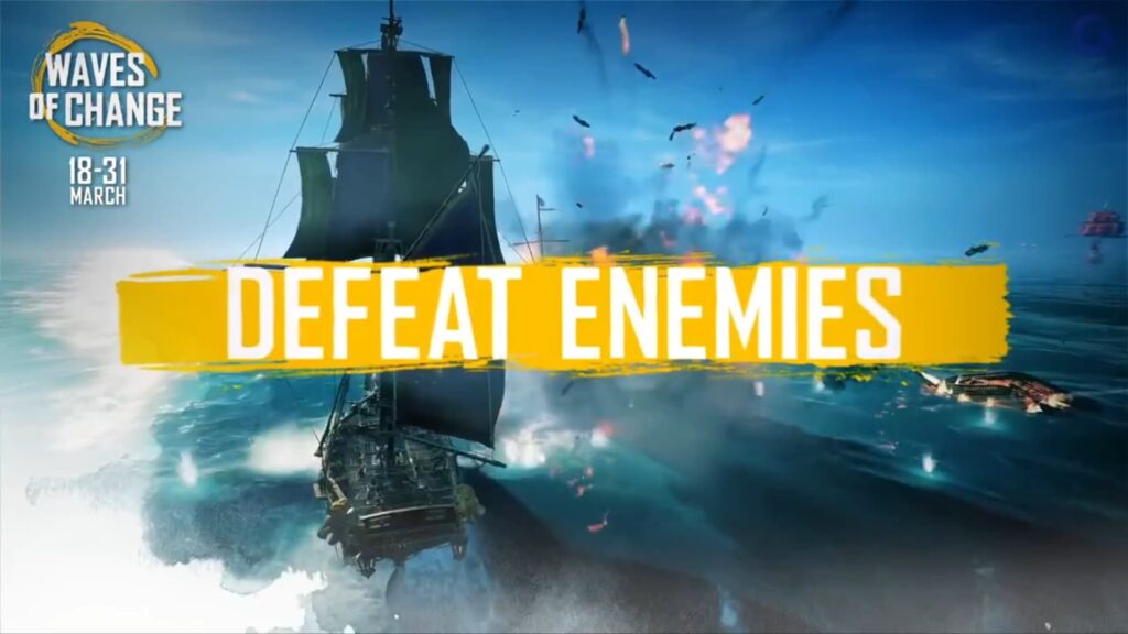A pirate ship sinks another ship, as Defeat Enemies appears with the Waves of Change dates for Skull and Bones x Oceana.