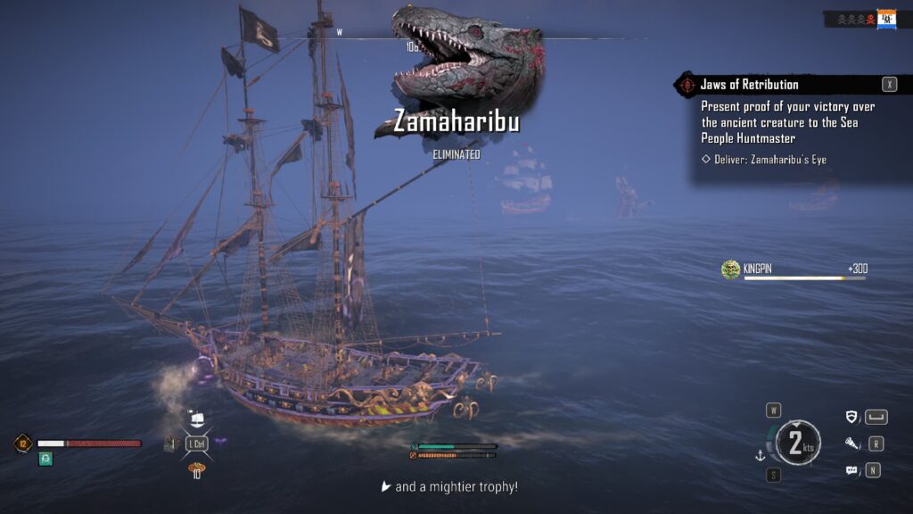 The graphic saying that Zamaharibu has been defeated appears on screen in Skull and Bones.
