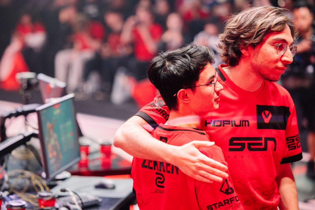 zekken and johnqt of Sentinels after victory at VCT Americas Kickoff on Day 3 of Week 2 at Riot Games Arena on February 25, 2024.