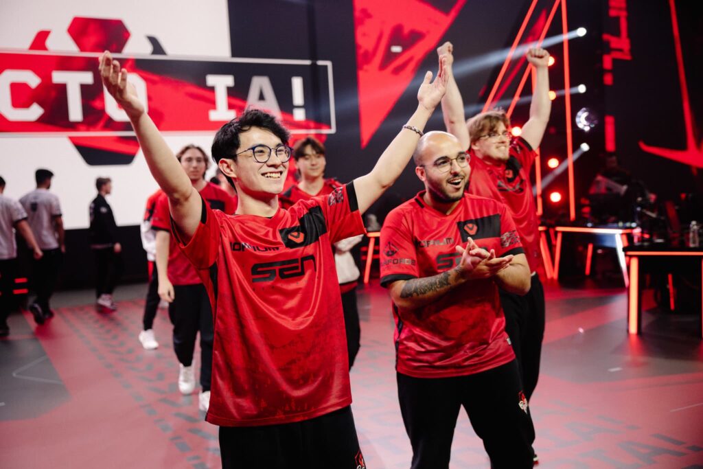 Zekken and Sentinels seen onstage after victory at VCT AMERICAS Kickoff on Day 1 of Week 3 at Riot Games Arena on March 2, 2024.