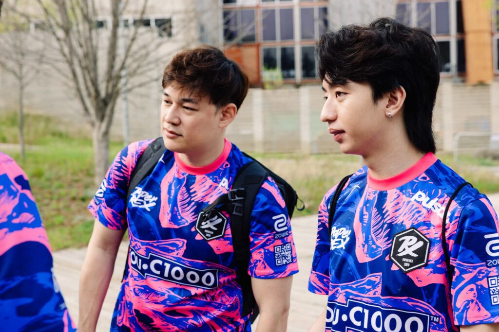 Coach Alexandre alecks Sallé (L) and Jason "f0rsakeN" Susanto of Paper Rex arrive to compete at VALORANT Masters Madrid Swiss Stage Day 5 at the Madrid Arena on March 18, 2024 in Madrid, Spain. 